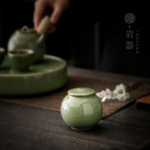 Ceramic Tea Caddy Bamboo Green Glaze Round <b>Small</b> Portable Loose Tea Storage <b>Jar</b> <b>With</b> Wooden <b>Lid</b> For Travel - Product Image 4