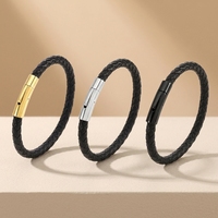 Bracelet en acier inoxydable 316L avec cordon tressé en PU et fermoir magnétique, noir mat, 3 couleurs, minimaliste, unisexe, hypoallergénique
