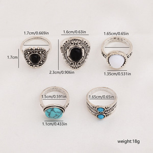 Juego de Anillos de Moda, 5 Piezas, Turquesa, Negro, Blanco, con Incrustaciones de Piedras, Unisex, Regalo, Joyería - Product Image 4