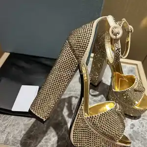 Kalfsleer Top Kwaliteit Glanzende Diamanten Luxe Strass Crystal Platform Driehoek Enkelband Hoge Hak Dames Sandalen Schoenen