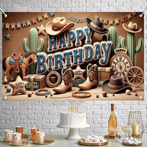 Bannière de fond Joyeux Anniversaire Thème Western Cowboy, Décorations de Fête, Accessoires Photo Bottes Chapeau Cactus Cheval Corde, 71 x 43 pouces - Product Image 3