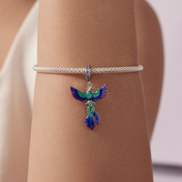 Breloque phénix plaquée argent avec émail bleu vert violet et strass en cristal, pendentif vintage pour bijoux unisexes, cadeau