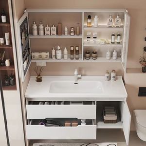 Gabinete de baño blanco de lujo con espejo inteligente, almacenamiento y lavabo blanco montado en la pared - Product Image 5