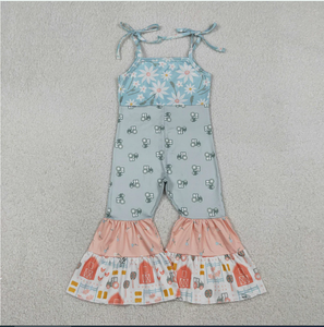 Jumpsuits de Verano para Niñas con Estampado de Animales de Granja, Tractor y Flores, Modelo SR3587 - Product Image 1