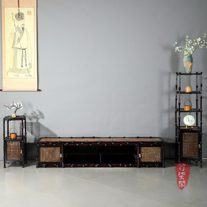 Bamboo TV Cabinet Lacquered Openwork Storage Floor Mount Chinese Style Living Room Furniture - Product Image 2