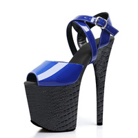 Chaussures de pole dance bleues brillantes à plateforme épaisse de 20 cm (8 pouces), talons hauts confortables et durables, sandales de danse sexy pour femmes