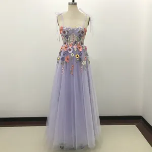 High Quality A Line 3D Flowers Appliques Sleeveless Party Sexy Dresses Women Prom Dress Tulle Evening Gown