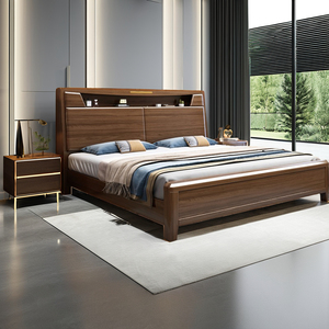 Muebles de madera maciza, cama doble de madera maciza de nogal personalizada con gran almacenamiento, muebles de dormitorio tamaño King de diseño chino moderno hechos de tela de pino de roble de teca - Product Image 4