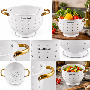 Passoire en acier inoxydable blanc perforée avec poignées dorées pour le lavage et l'égouttage en cuisine - Product Image 2