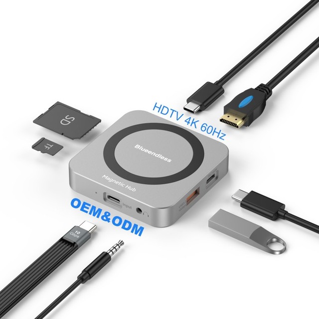 10Gbps USB C 3.2 4K 60Hz HDTV 3.5MM Audio SD TF PD 100W Charging 9 in 1 USB C Magnetic Hub Multiport with M.2 NVME SSD Enclosure