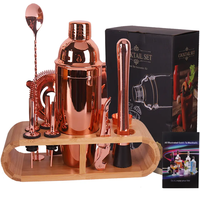 Meilleur vendeur personnalisé 12 pièces Set de shaker à cocktail en acier inoxydable avec support en bambou Shaker à cocktail noir