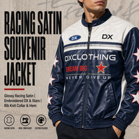Blouson Souvenir Personnalisé Bleu Marine Crème en Satin 420 g/m² avec Étoiles Brodé, Col et Ourlet en Tricot Côtelé, Style Bomber Streetwear OEM ODM