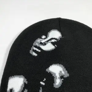 OEM New Products Colorful Black Unisex Skull Unfold Winter Hats With Clear Full Jacquard Design Custom No Fold Beanie