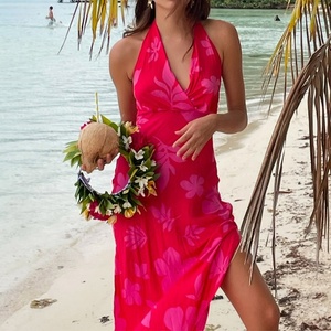 Robe de plage super longue en gros, vente chaude, personnalisée, 100% rayonne, tissu doux, robe à fente profonde en V, robe hawaïenne - Product Image 5