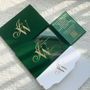 Luxury Emerald Green Velvet Hardcover Wedding Invitation Set Gold Foil Clear Acrylic <strong>Card</strong> Handmade 2mm/3mm Thick Stylish Paper - Product Image 3