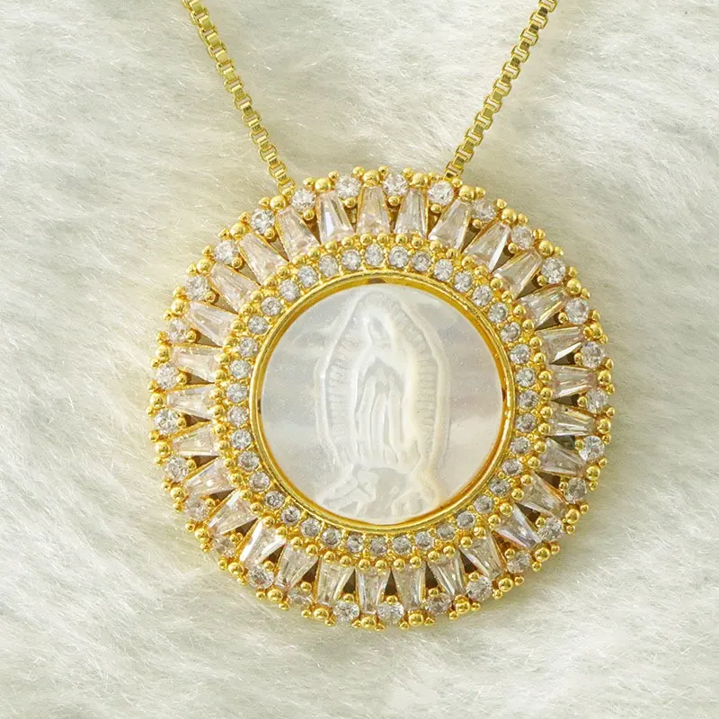 Shiny Religious Catholic Cubic Zircon Diamond Sea Shell Maria Virgin Mother Mary Gold Pendant Necklace Jewelry