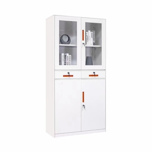 <span class=keywords><strong>Armoire</strong></span> de rangement de bureau en acier blanc et gris à 2 portes avec façade en verre et tiroirs, design minimaliste, casier à dossiers pour espace de vie ou de bureau - Product Image 2