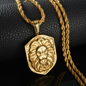 Colgante de Lujo con Cabeza de León, Personalizable con Grabado, Acero Inoxidable 316L, Chapado en Oro de 18K, Cadena Gruesa de Cuerda Trenzada, Unisex - Product Image 5