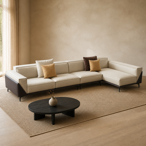 Sofá Seccional en Forma de L, Dos Tonos de Cuero, Costuras en Contraste, Chaise Longue Esquinera Modular, Patas Metálicas Tapizadas, para Sala de Estar, Hotel, Villa - Product Image 3