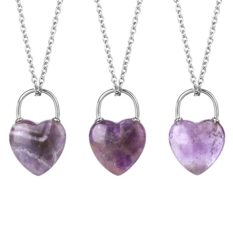 Healing Crystal Heart Lock Charm Necklace Natural Crystal Amethyst Lock Pendant Necklace Gemstone Valentine's Day Gift For Women