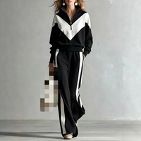 Ensemble de survêtement décontracté contrasté automne-hiver, sweat à capuche zippé pour femme, pantalon large