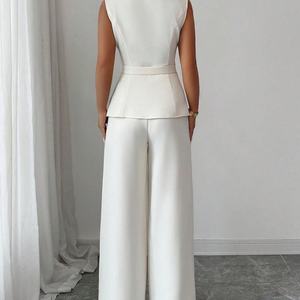 Ensemble pantalon et gilet personnalisable pour femme, couleur unie, col en V, manches courtes, respirant, élégant, pantalon droit, idéal pour le bureau - Product Image 2