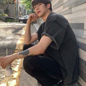 Imprimé personnalisé surdimensionné Vintage T-shirt lourd pour les hommes 100% coton tricoté tissu lettre motif Streetwear - Product Image 5