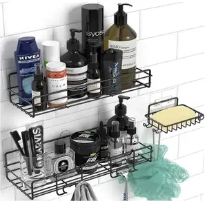 Rak Keranjang Shower 3 Pak dengan Tempat Sabun, Rak Dinding Shower, Organizer Penyimpanan Shower Kamar Mandi Hitam Tahan Karat