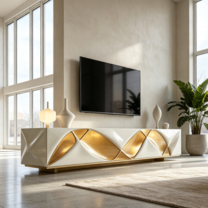 <span class=keywords><strong>Credenza</strong></span> di Design Moderna e Lussuosa, Mobile TV Bianco e Oro Scolpito, Arredo Art Deco per <span class=keywords><strong>Soggiorno</strong></span>, Mobile Contenitore per Progetti Villa - Product Image 4