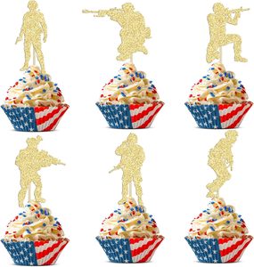 Décorations de gâteaux militaires scintillantes pour cupcakes, thème <span class=keywords><strong>militaire</strong></span>, pour la marine, l'armée, les garçons, les anniversaires, couleur or - Product Image 1