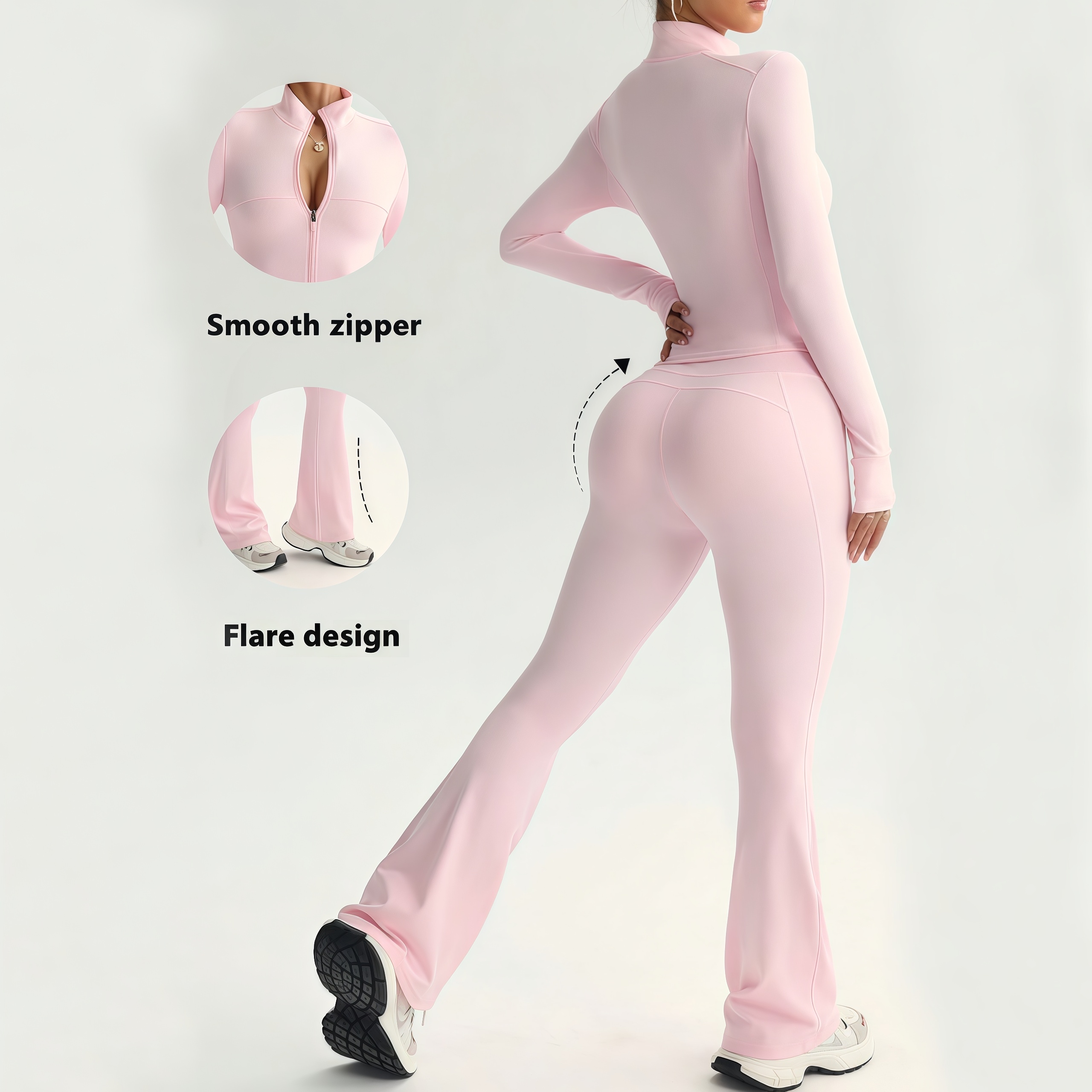 Women Yoga Activewear Set High Neck Smooth Zipper Long Sleeve Top High Waist Lift Hips Flare Pants Yoga Gym Wear Outfit