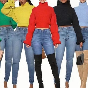 Nouveau <span class=keywords><strong>pull</strong></span> court en maille unie décontracté pour <span class=keywords><strong>femme</strong></span>, avec <span class=keywords><strong>manches</strong></span> lanternes matelassées, idéal printemps, automne, hiver - Product Image 2
