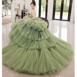 Green Ball Gown For Women Halter Neck Empire Waist Tulle Evening Dress Formal Banquet Wear - Product Image 4