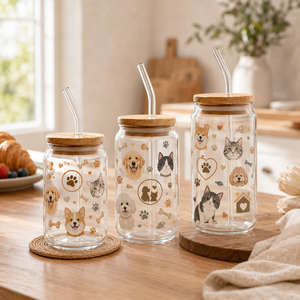 Custom Cute Pet Image Glass Can <b>Cup</b> with Bamboo Lid and Glass Straw Reusable Drinking Tumbler for Coffee Juice - Product Image 5