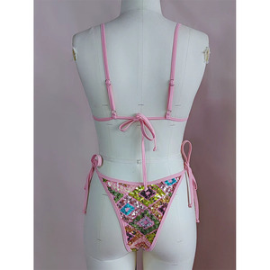 ملابس سباحة نسائية مزينة بالترتر، طقم بيكيني من 3 قطع، توب مثلث، بيكيني برازيلي مخصص لامع - Product Image 6