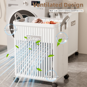 Ensemble de <span class=keywords><strong>rangement</strong></span> pour linge sale pliable avec <span class=keywords><strong>panier</strong></span> à roulettes en plastique, type autoportant pour salle de bain - Product Image 4