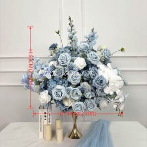 Centre de table en fleurs artificielles DKB 70 cm, roses et <span class=keywords><strong>iris</strong></span> bleu poudré effet naturel, boule de fleurs bleues pour mariage - Product Image 2