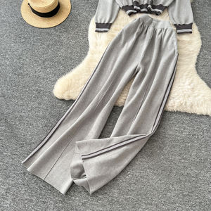 Conjunto de Dos Piezas para Mujer, Estilo Retro, Bloques de Color, Solapa, Manga Larga, Tejido de Punto, Top con Pantalones Casuales de Cintura Alta - Product Image 6