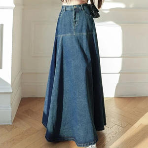 تنورة جينز نسائية جديدة بطول متوسط مع أزرار، تنورة واسعة بخصر مرتفع للنساء، تنورة كاجوال بغسيل ثقيل على شكل حرف A - Product Image 2