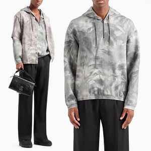 Sudadera con Capucha KingSen de Invierno Estilo Vintage Urbano con Cierre de Cremallera, Estampado Digital de Hojas de Palma, Detalles Bordados, Efecto Desgastado, Corte Regular - Product Image 1