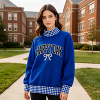 Sweat-shirt à col montant style preppy pour femme, avec imprimé lettres personnalisé, nœud décoratif et bordure contrastante à carreaux, manches longues