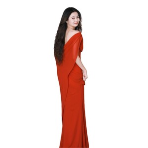 Red Off-Shoulder Backless Evening Gown Natural Waist Claret Polyester Coming-Of-Age Ceremony Dress - Product Image 5