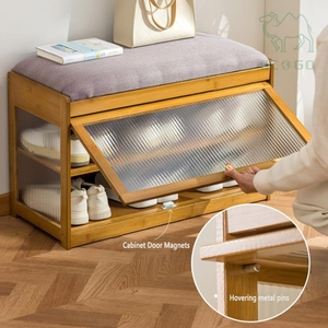 Home Furniture Display Rack Storage Cabinet Organizer Seat Cushion Double-Layer Bamboo Wood Shoe Rack with Windows - Product Image 3
