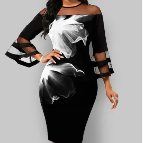 2021 Hottest Long Sleeve Flare Sleeve Mesh Stitching Floral Print Black Dress