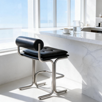 Tabouret de bar moderne en acier avec assise capitonnée en cuir PU, chaise de bar de style mid-century pour îlot de cuisine, café, hôtel, bar