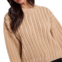 Damen V-Ausschnitt Gerippter Strickpullover mit Überschnittener Schulter, Lockerer Passform, Vertikaler Rippstruktur, Kurzer Pullover, Maßgefertigter Großhandels-Jumper