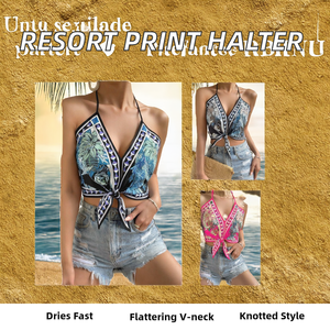 Women's Resort-Style Sexy Printed Breathable Knitted V-neck Front Logo Casual Sleeveless Halter <b>Top</b> CAMIS Vest for - Product Image 2