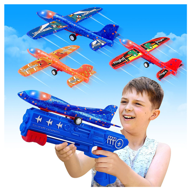 Kids Outdoor LED Foam Airplane Glider Catapult Plane Toy 3 Pack Airplane Launcher Toy Gun Flying Toys