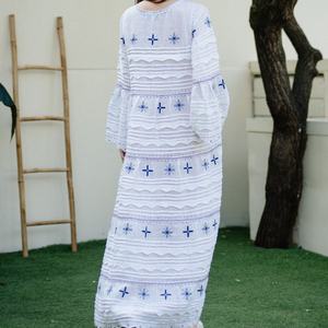 Vestido de Lino y Algodón Personalizable, Elegante, Cuello Redondo, Casual, Corte en A, con Volantes, Mangas Cortas, Midi, para Mujer - Product Image 4