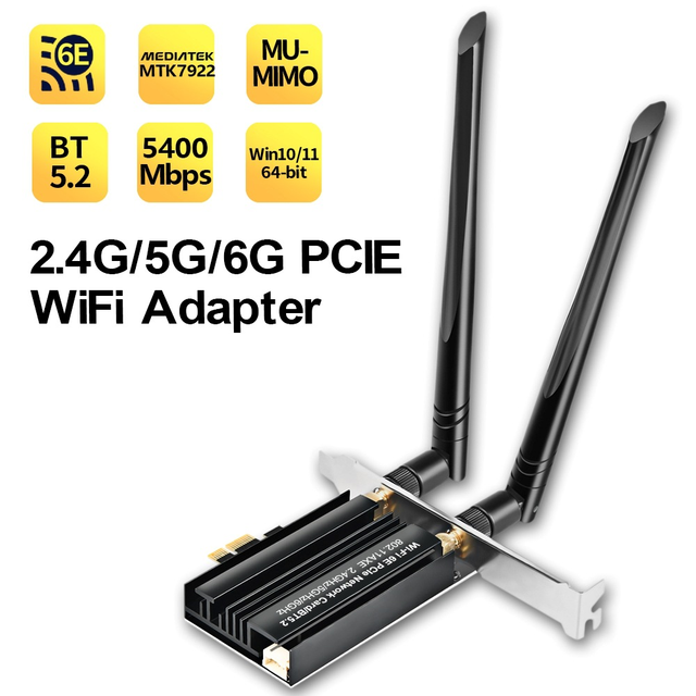 AX5400 WIFI 6E PCI-E Wireless Network Card 5400Mbps MTK7922 802.11AX 3 Band 2.4G/5G/6Ghz PCIE 2 in 1 WIFI Bluetooth Adapter